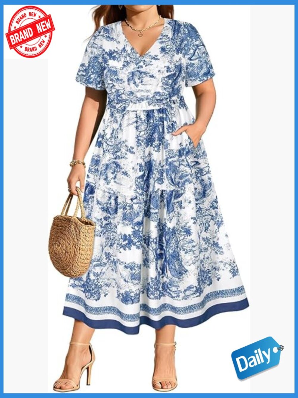 Plus Size V-Neck Short Sleeve Maxi Dress with Pockets Smocked Waist
